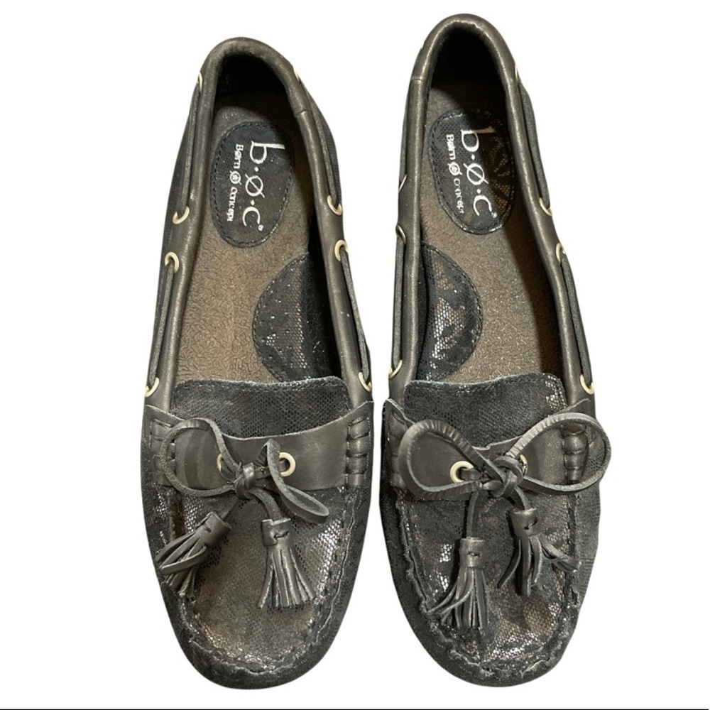 Born BOC Concepts Black Leather w/Suede Burnout Floral Design Alena Loafers- EUC